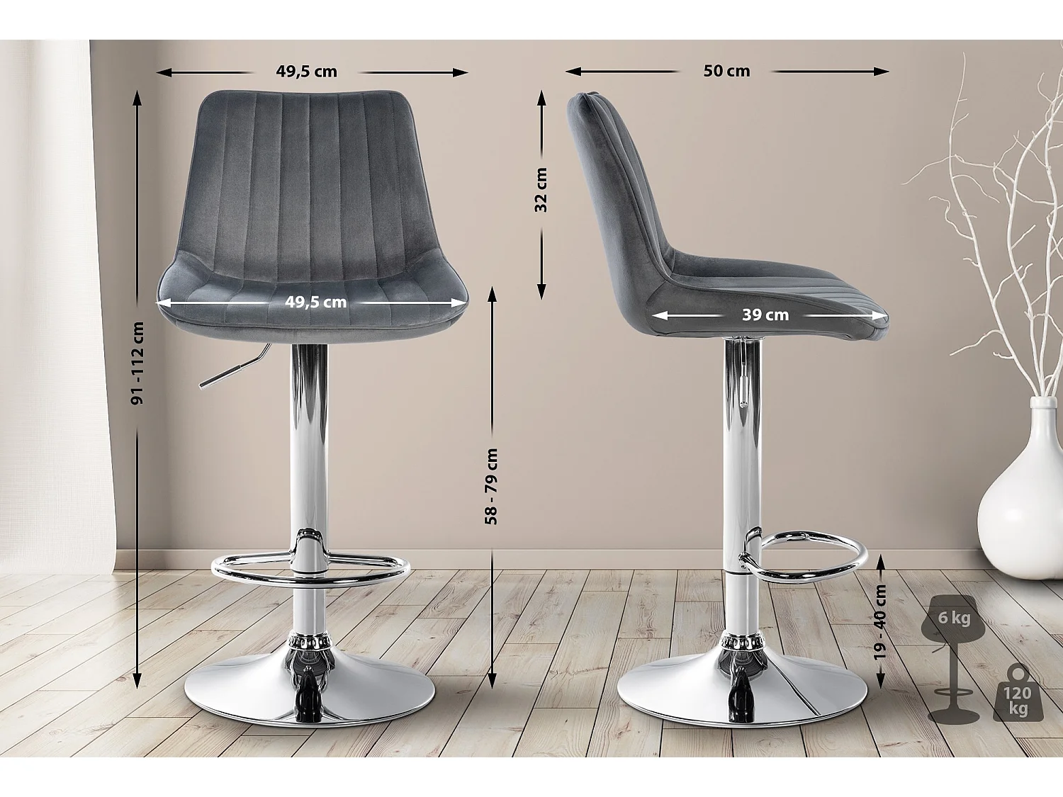 Lot de 2  Tabouret de bar - Velours - Gris foncé - Toni