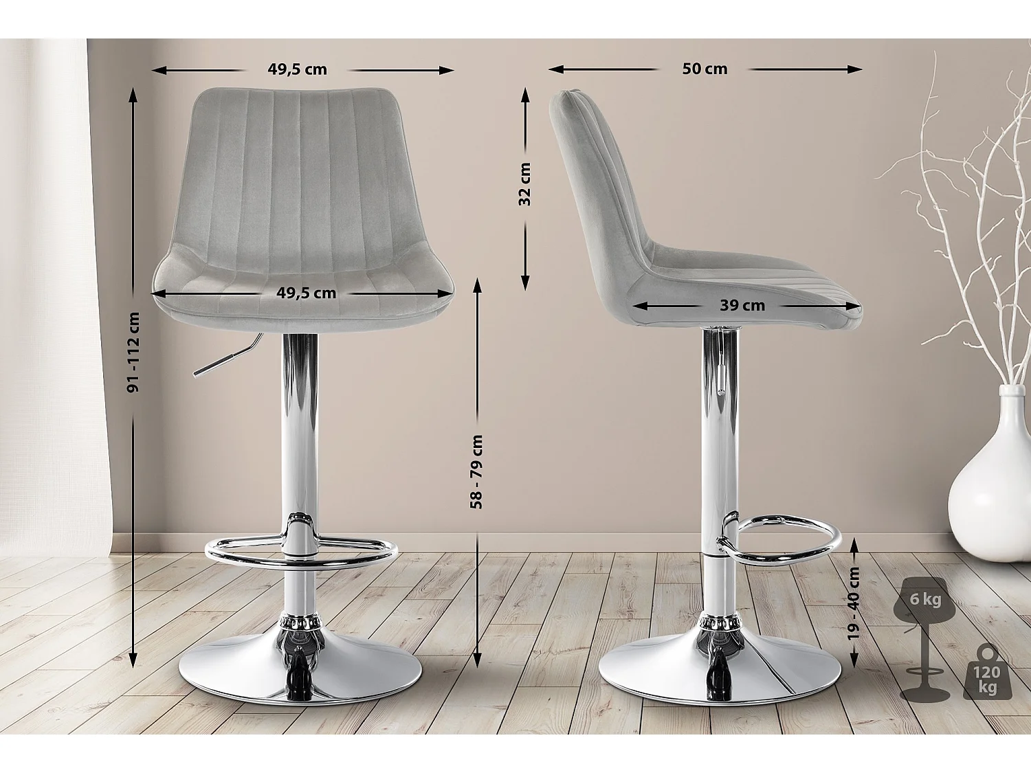 Lot de 2  Tabouret de bar - Velours - Gris - Toni