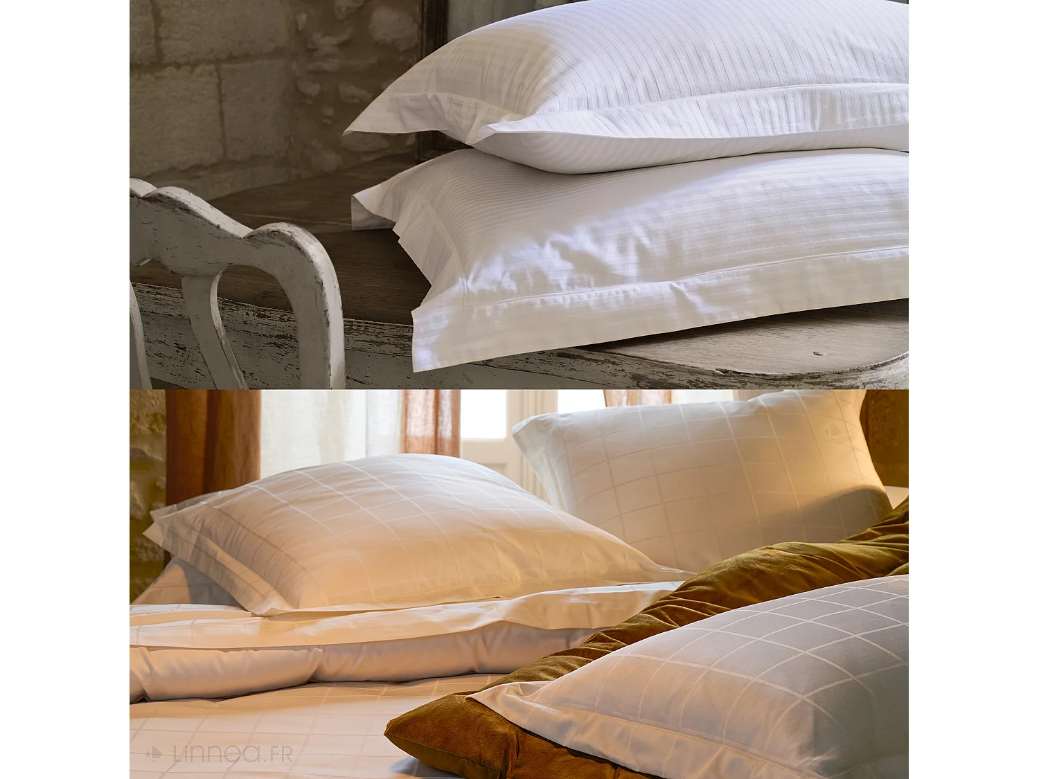 Parure de lit 280x240 cm set 65x65 satin CONCERTO rayures beige Lin