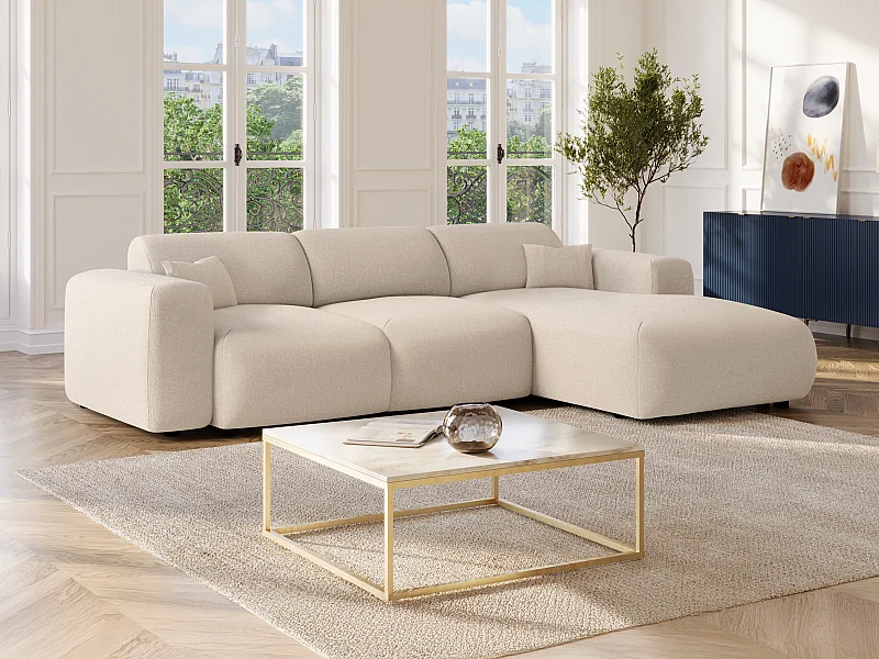 Grand canapé d'angle droit convertible en tissu chiné beige POGNI de Maison Céphy