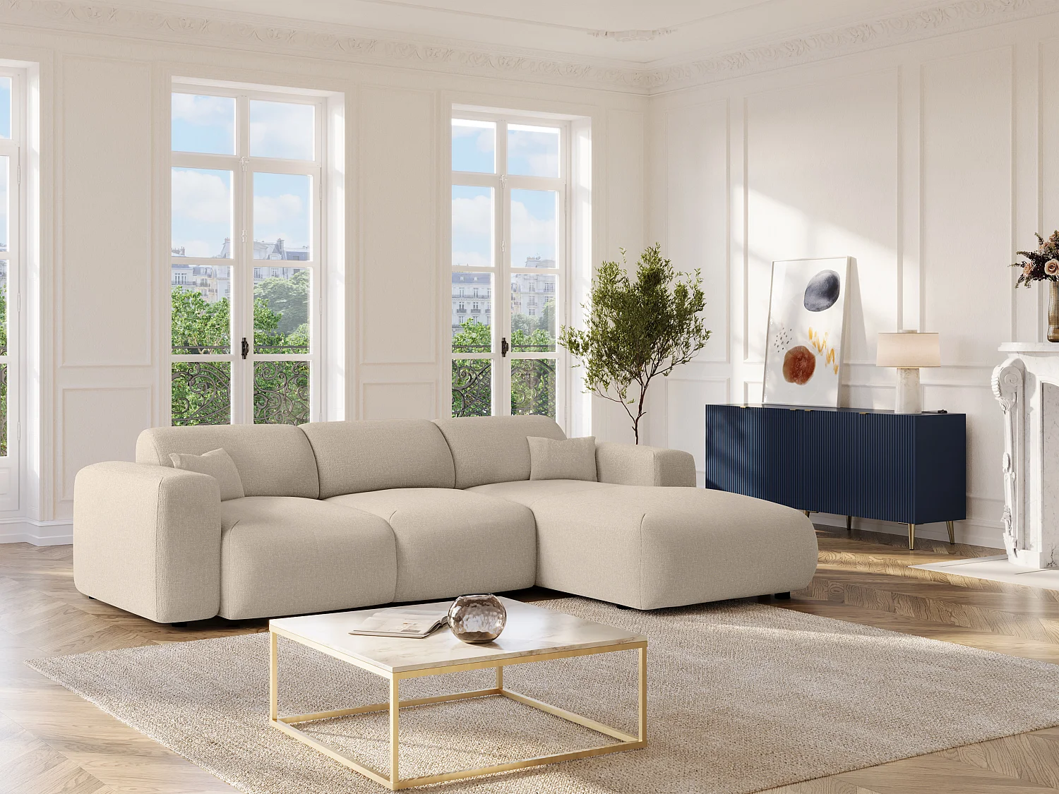 Grand canapé d'angle droit convertible en tissu chiné beige POGNI de Maison Céphy