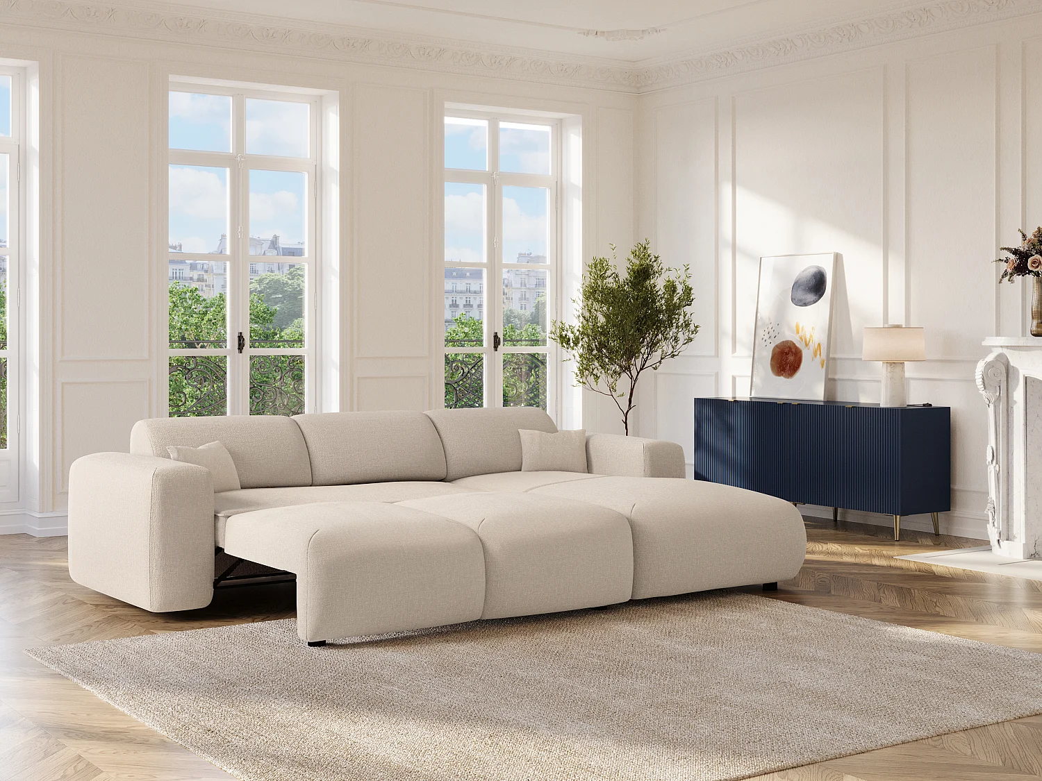 Großes Ecksofa mit Schlaffunktion - Ecke rechts - melierter Stoff - Beige - POGNI von Maison Céphy