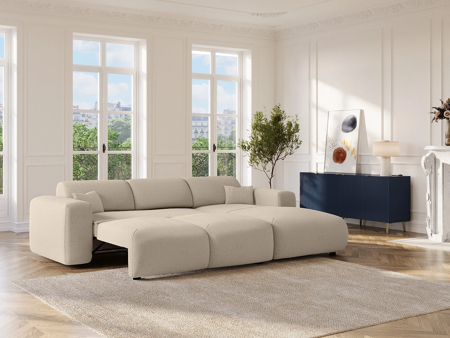 Grote hoekslaapbank met hoek rechts van beige gechineerde stof POGNI van Maison Céphy