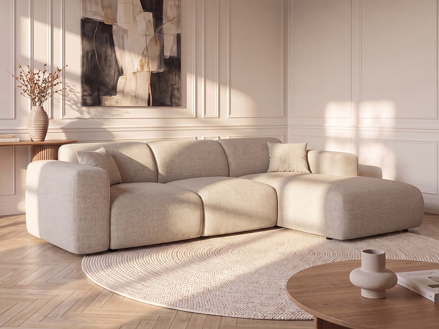 Grand canapé d'angle droit convertible en tissu chiné beige POGNI de Maison Céphy