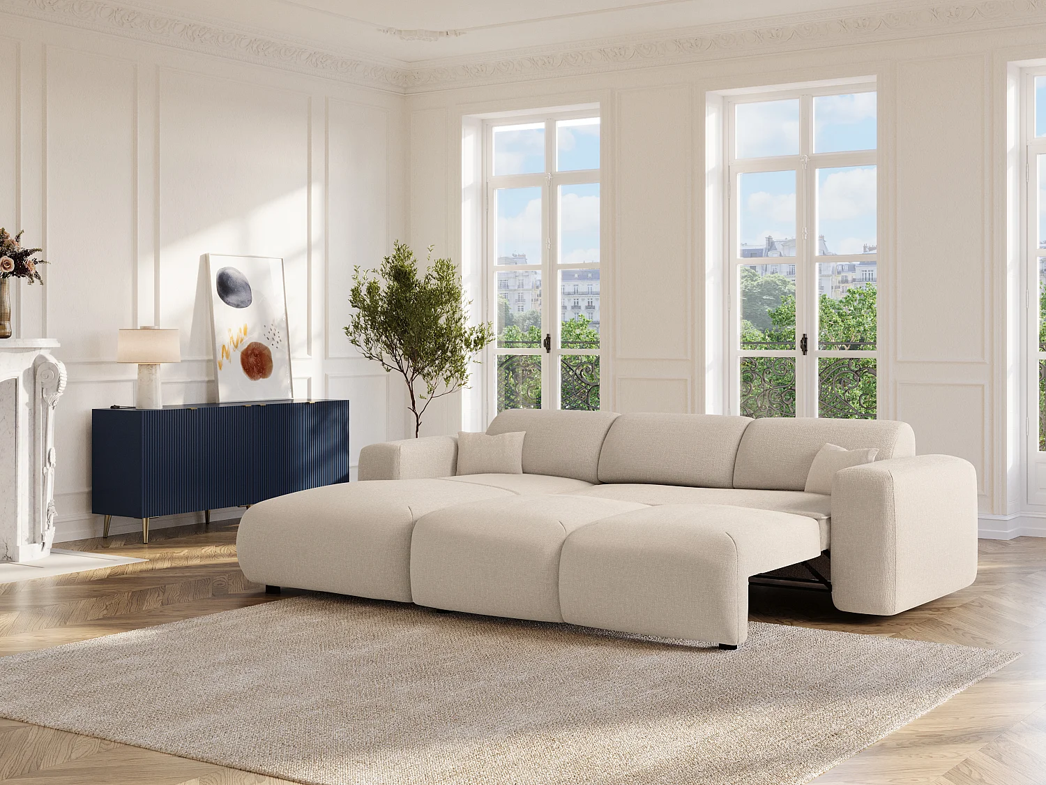 Grand canapé d'angle gauche convertible en tissu chiné beige POGNI de Maison Céphy