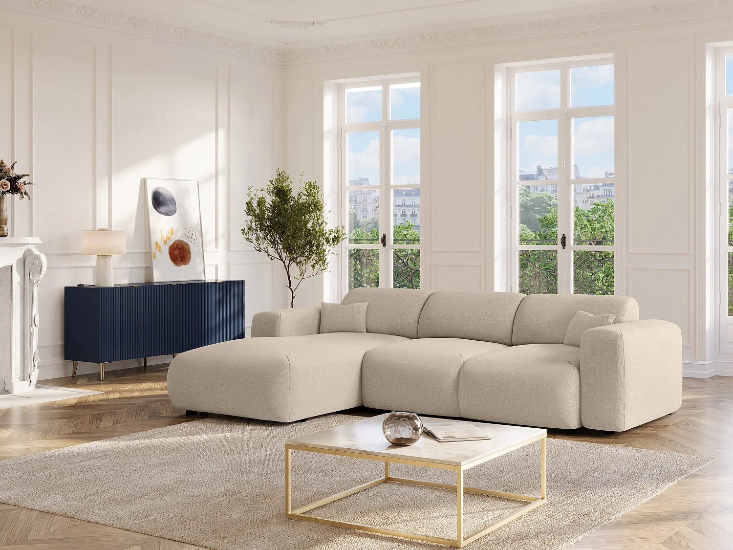 Grand canapé d'angle gauche convertible en tissu chiné beige POGNI de Maison Céphy