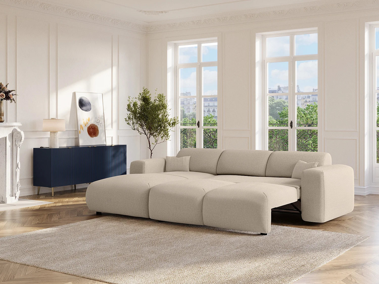 Grand canapé d'angle gauche convertible en tissu chiné beige POGNI de Maison Céphy