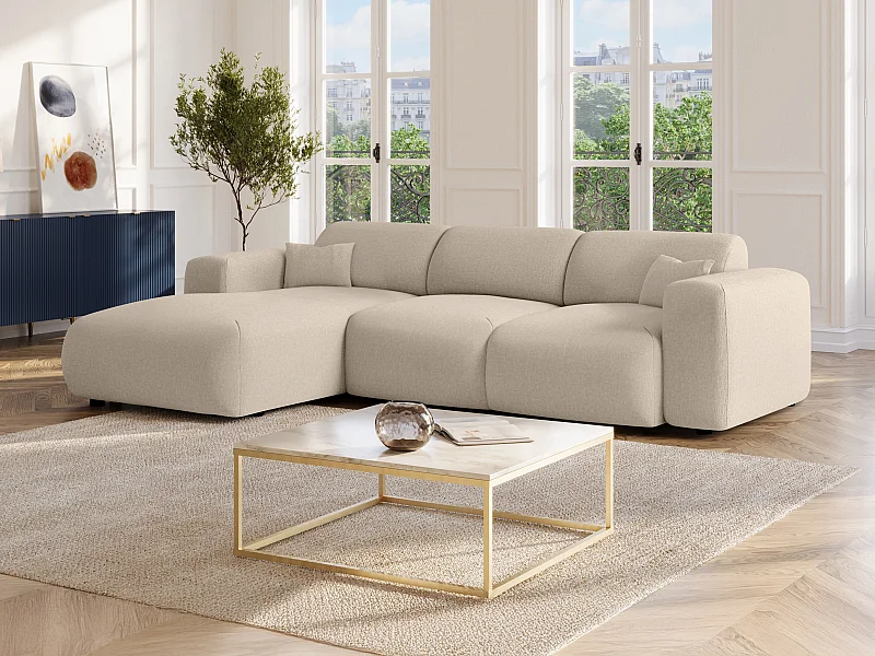 Grand canapé d'angle gauche convertible en tissu chiné beige POGNI de Maison Céphy