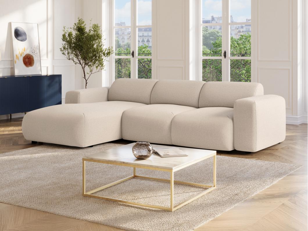 Grand canapé d'angle gauche convertible en tissu chiné beige POGNI de Maison Céphy