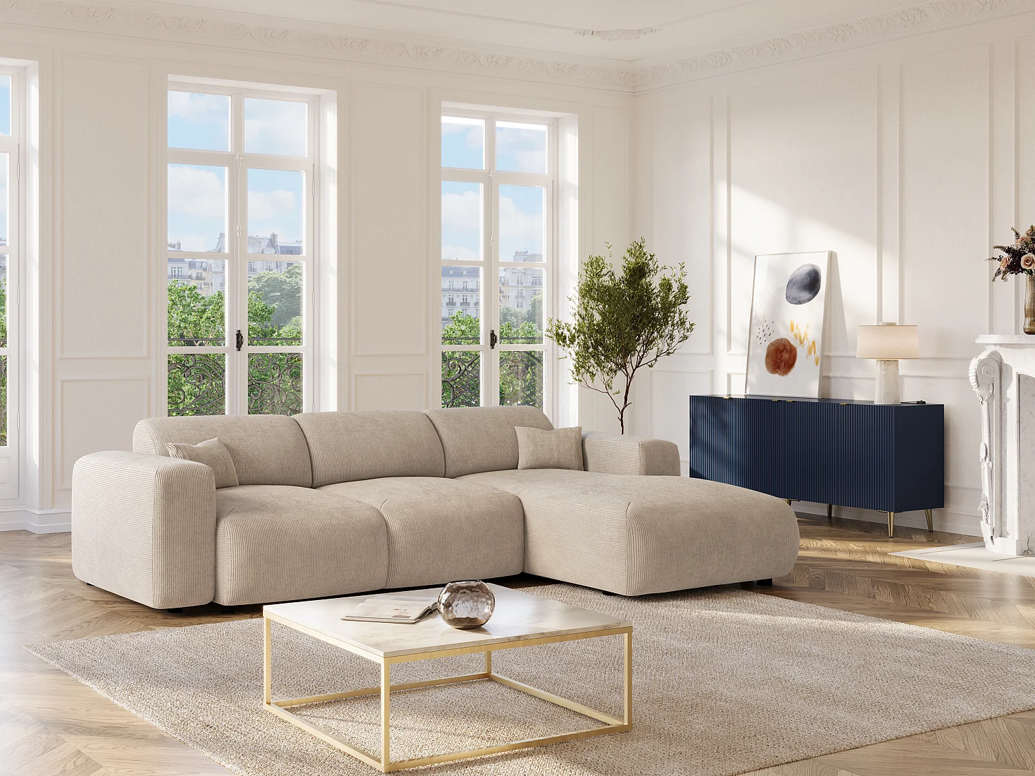 Stor högervrån bäddsoffa i beige finkantig manchestertyg POGNI från Maison Céphy