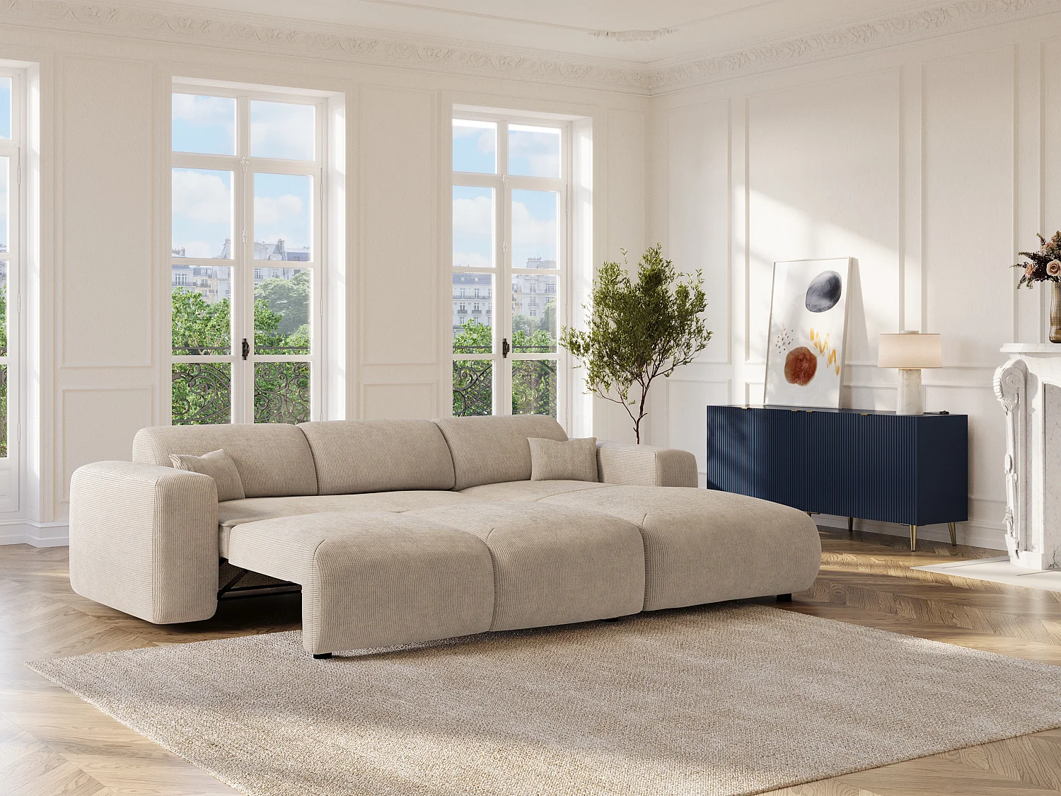 Stor högervrån bäddsoffa i beige finkantig manchestertyg POGNI från Maison Céphy