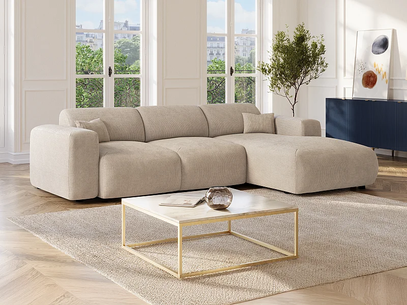 Stor højrehjørnet konvertibel højrehjørnet sofa i beige finstribet fløjlsædvanitas POGNI af Maison Céphy