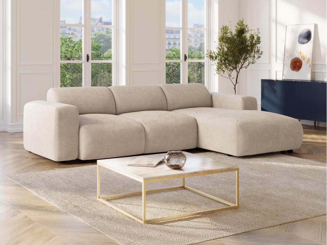 Grand canapé d'angle droit convertible en tissu côtelé fines côtes beige POGNI de Maison Céphy