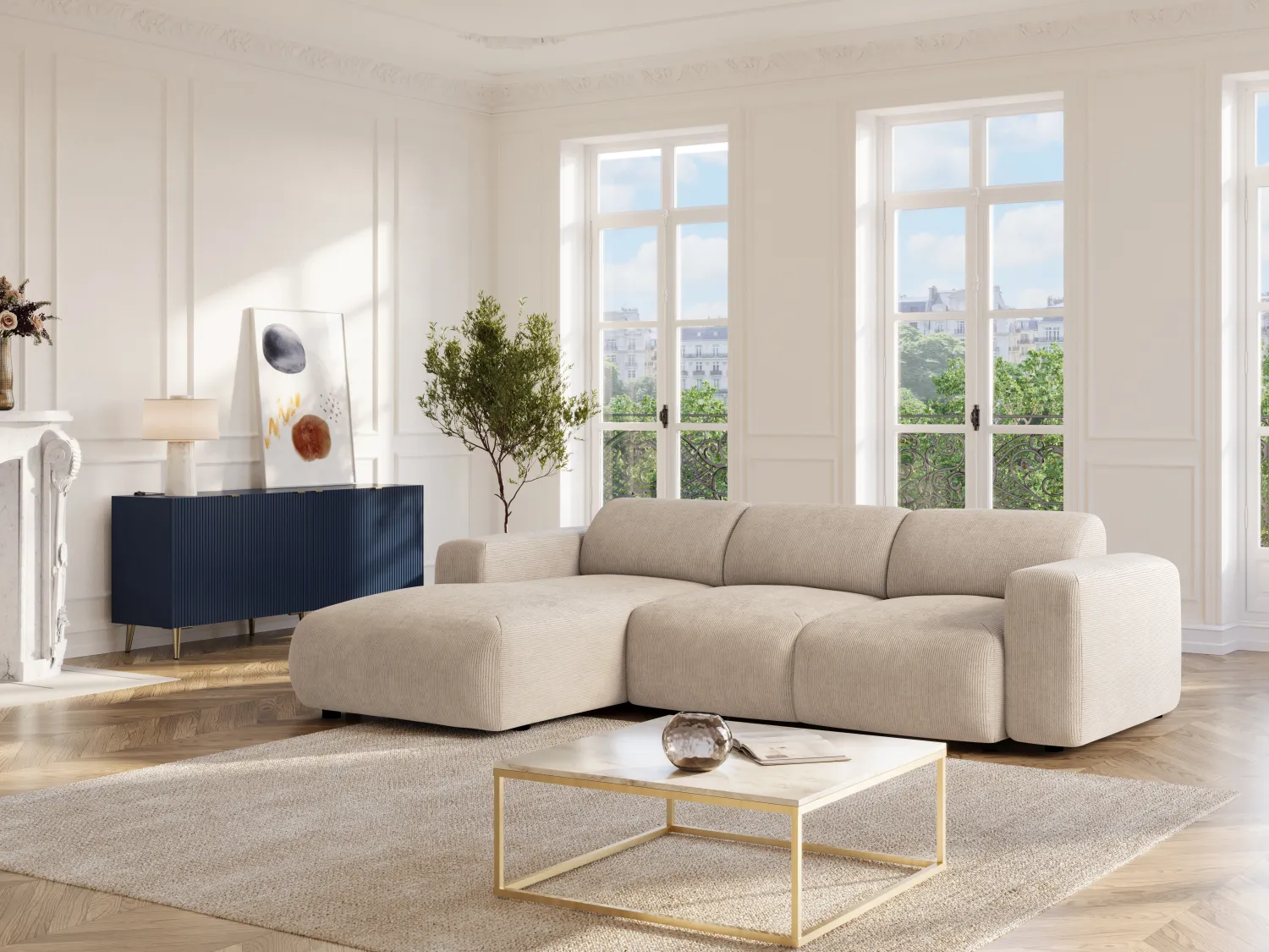 Großes Ecksofa mit Schlaffunktion - Ecke links - fein gerippter Cord - Beige - POGNI von Maison Céphy
