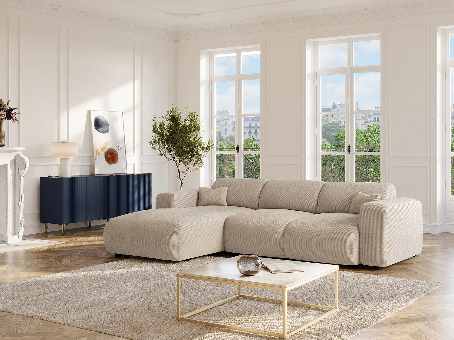 Grande divano letto angolo a sinistra in Velluto velluto a coste sottili Beige - POGNI della Maison Céphy