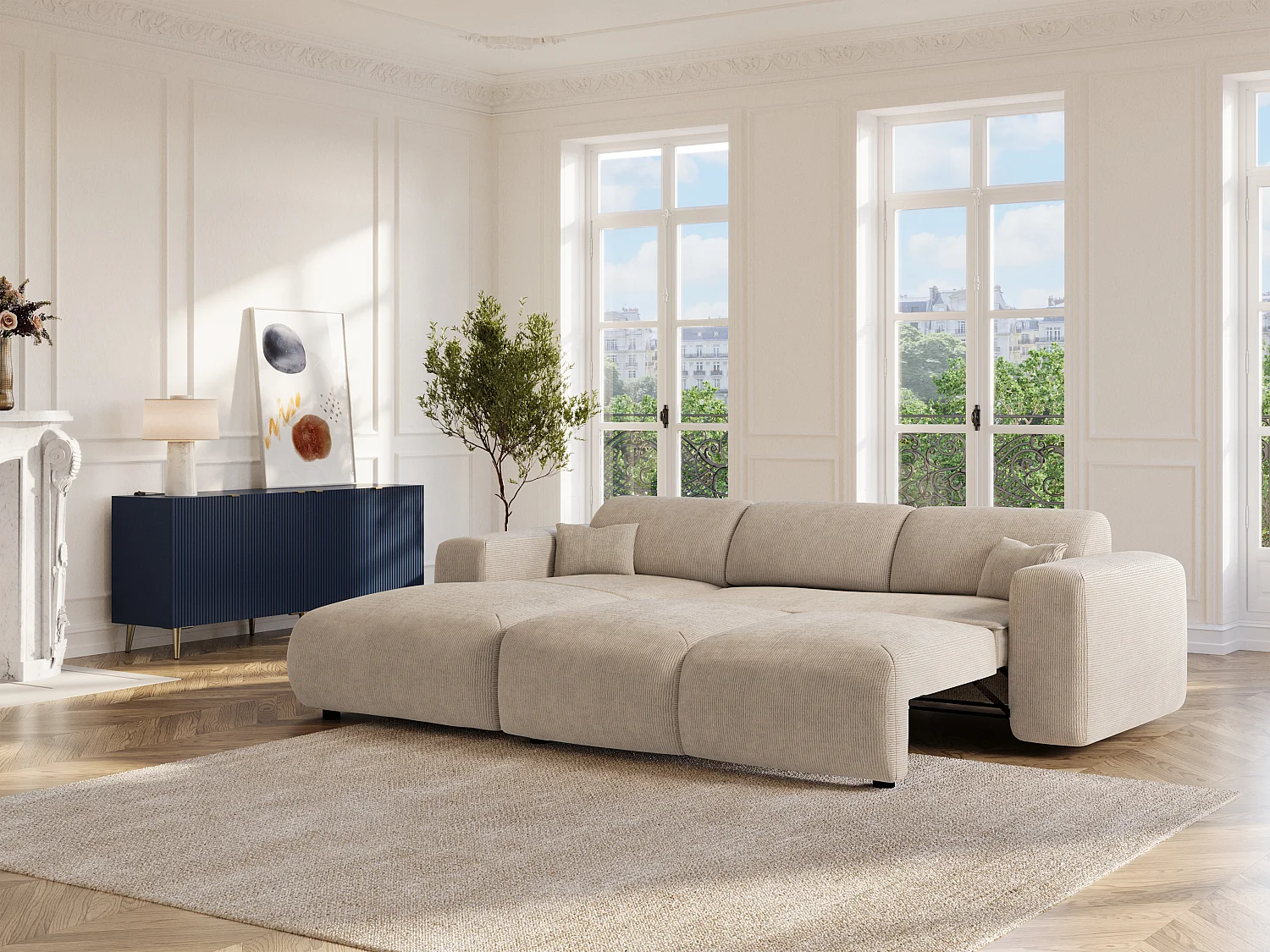 Großes Ecksofa mit Schlaffunktion - Ecke links - fein gerippter Cord - Beige - POGNI von Maison Céphy