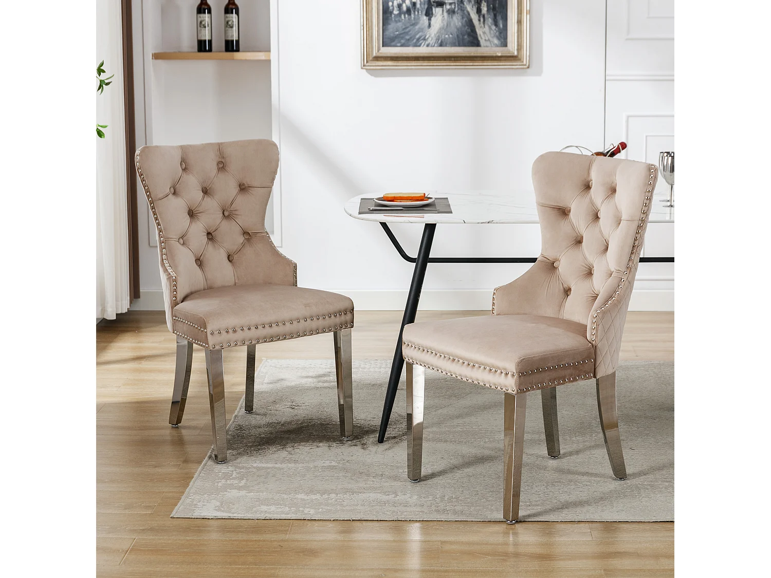 Haobosic - Chaise de Salle à Manger en Velours Beige avec Clou de Tête et Détail de Poignée, Pieds en Métal, Set de 2, Capacité de Charge 150kg