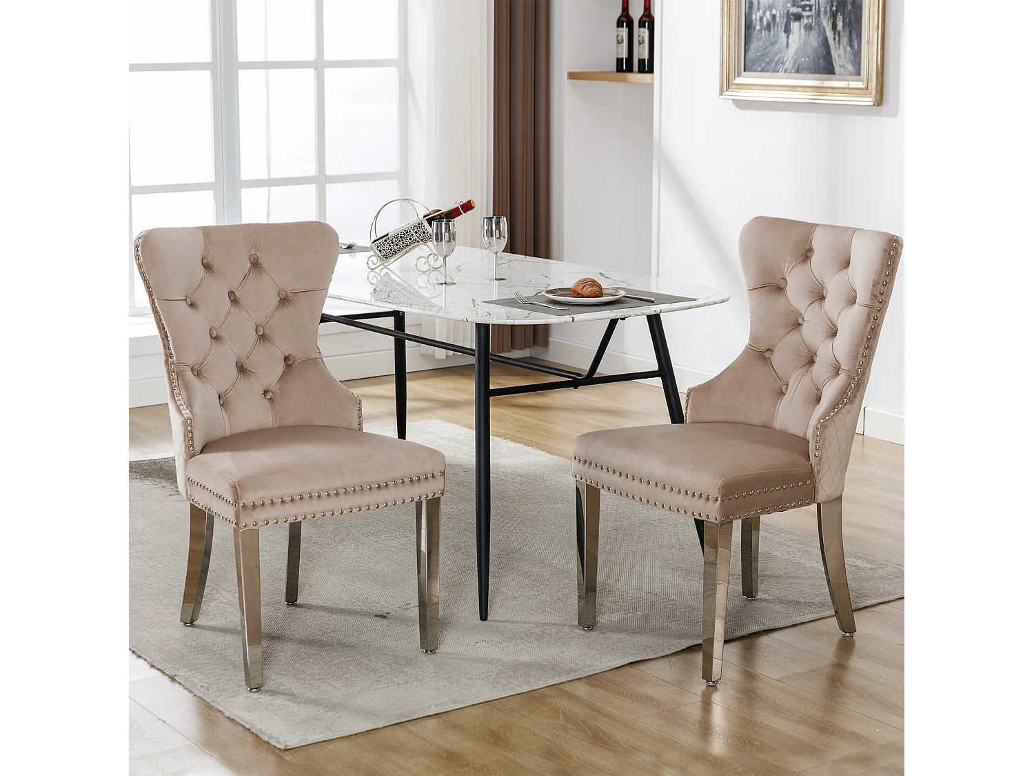 Haobosic - Chaise de Salle à Manger en Velours Beige avec Clou de Tête et Détail de Poignée, Pieds en Métal, Set de 2, Capacité de Charge 150kg