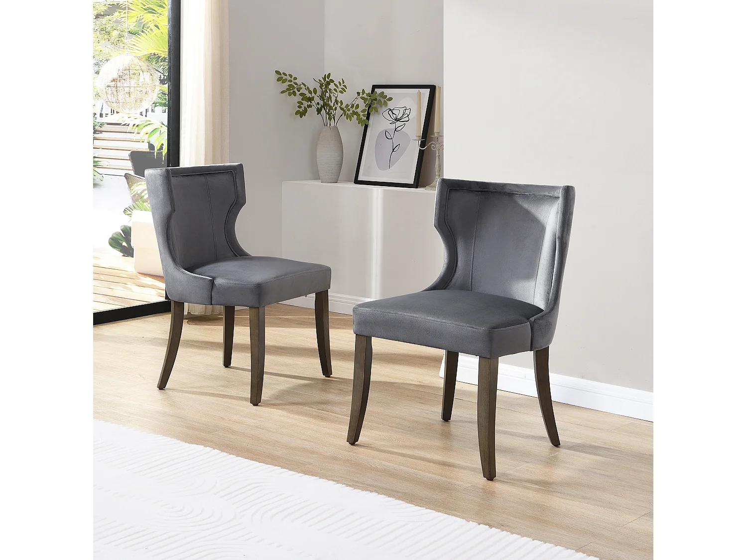 Lot de 2 Chaises de Salle à Manger en Velours avec Pieds en Bois Massif,Cuisine et Chambre avec Coussin Épais et Pieds Réglables (Gris)