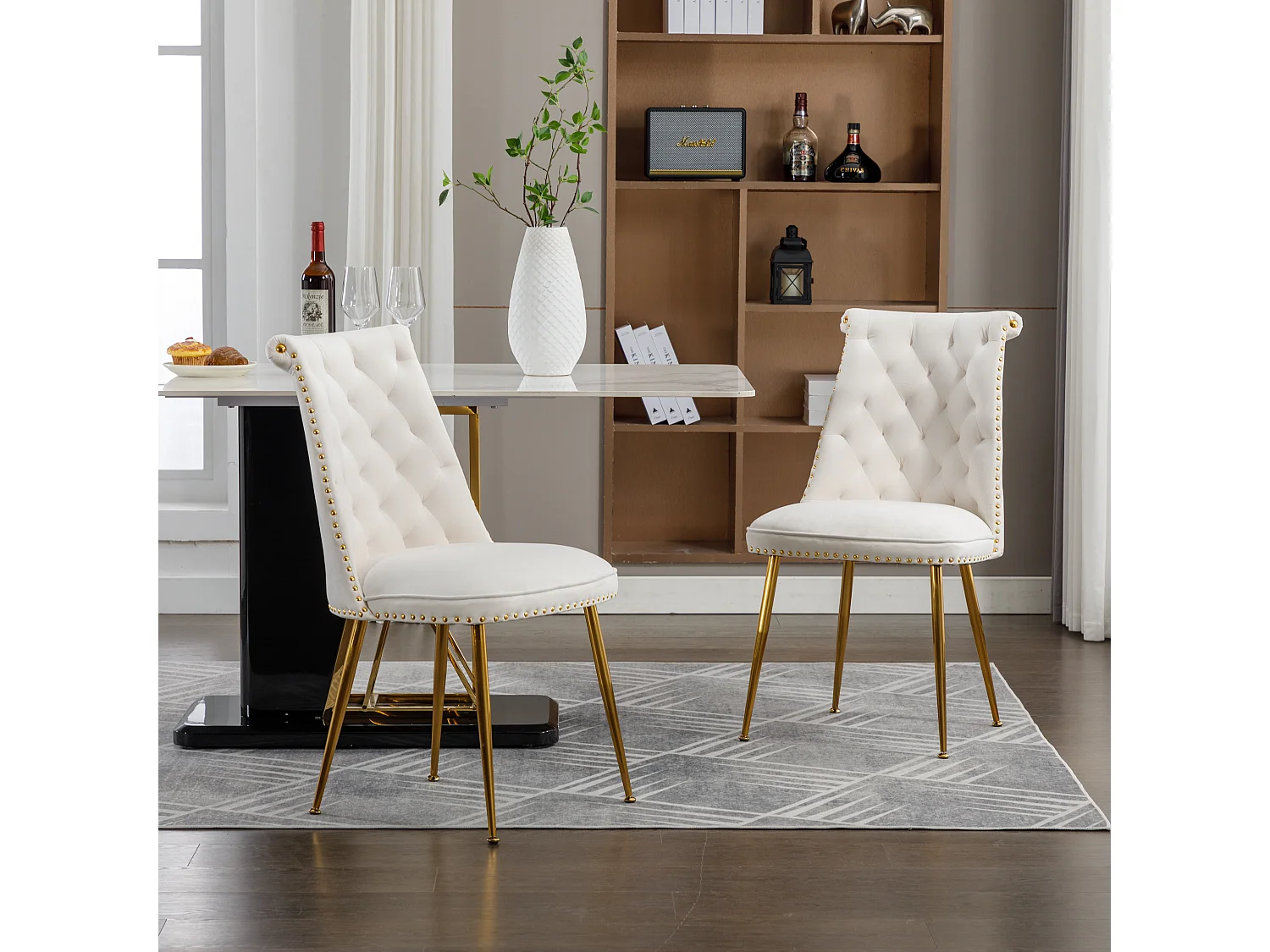 Haobosic - Set de 2 Chaises en Velours avec Dossier Haut et Pieds Métalliques Dorés, Design Ergonomique, Confort Luxueux, Beige