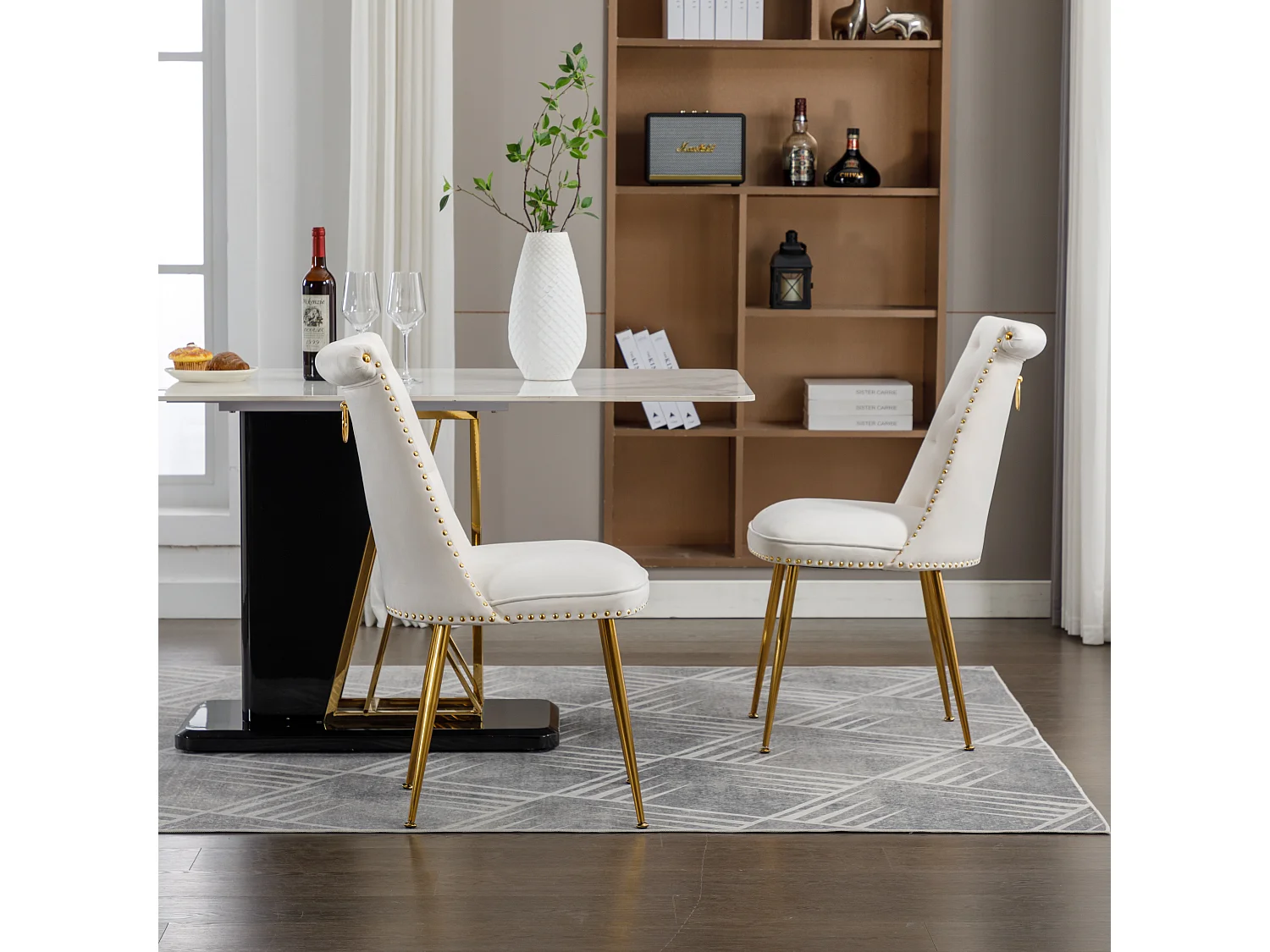 Haobosic - Set de 2 Chaises en Velours avec Dossier Haut et Pieds Métalliques Dorés, Design Ergonomique, Confort Luxueux, Beige