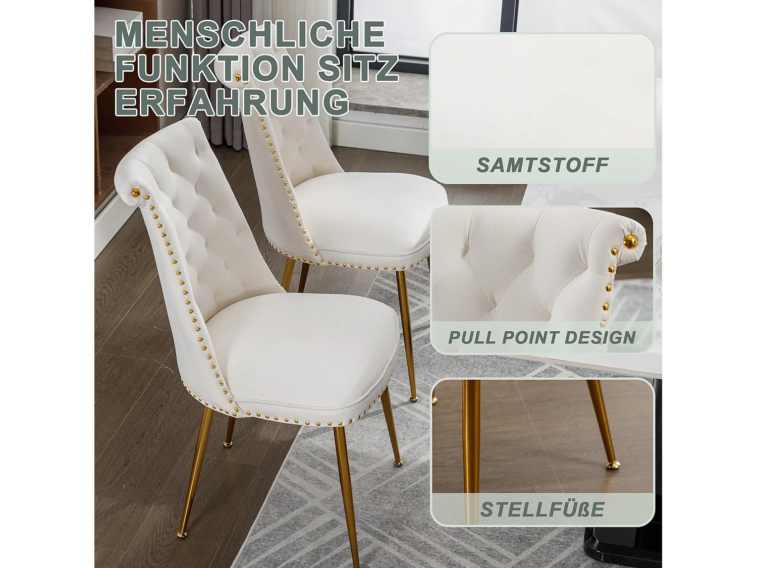 Haobosic - Set de 2 Chaises en Velours avec Dossier Haut et Pieds Métalliques Dorés, Design Ergonomique, Confort Luxueux, Beige