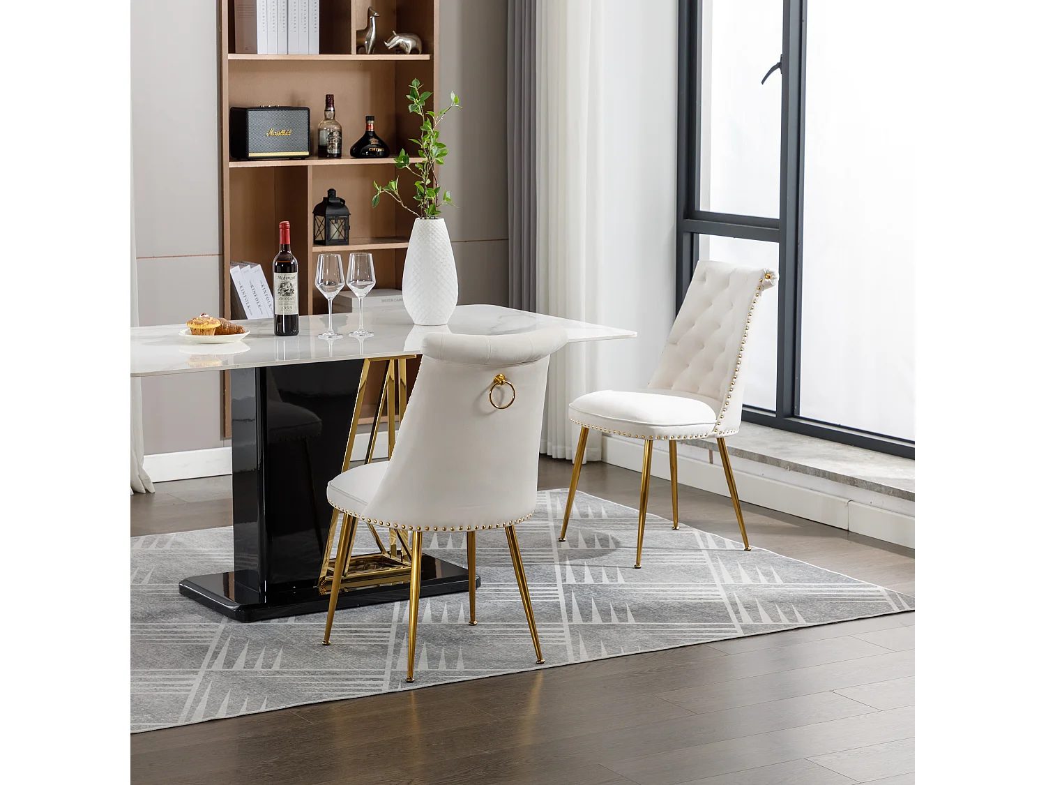 Haobosic - Set de 2 Chaises en Velours avec Dossier Haut et Pieds Métalliques Dorés, Design Ergonomique, Confort Luxueux, Beige