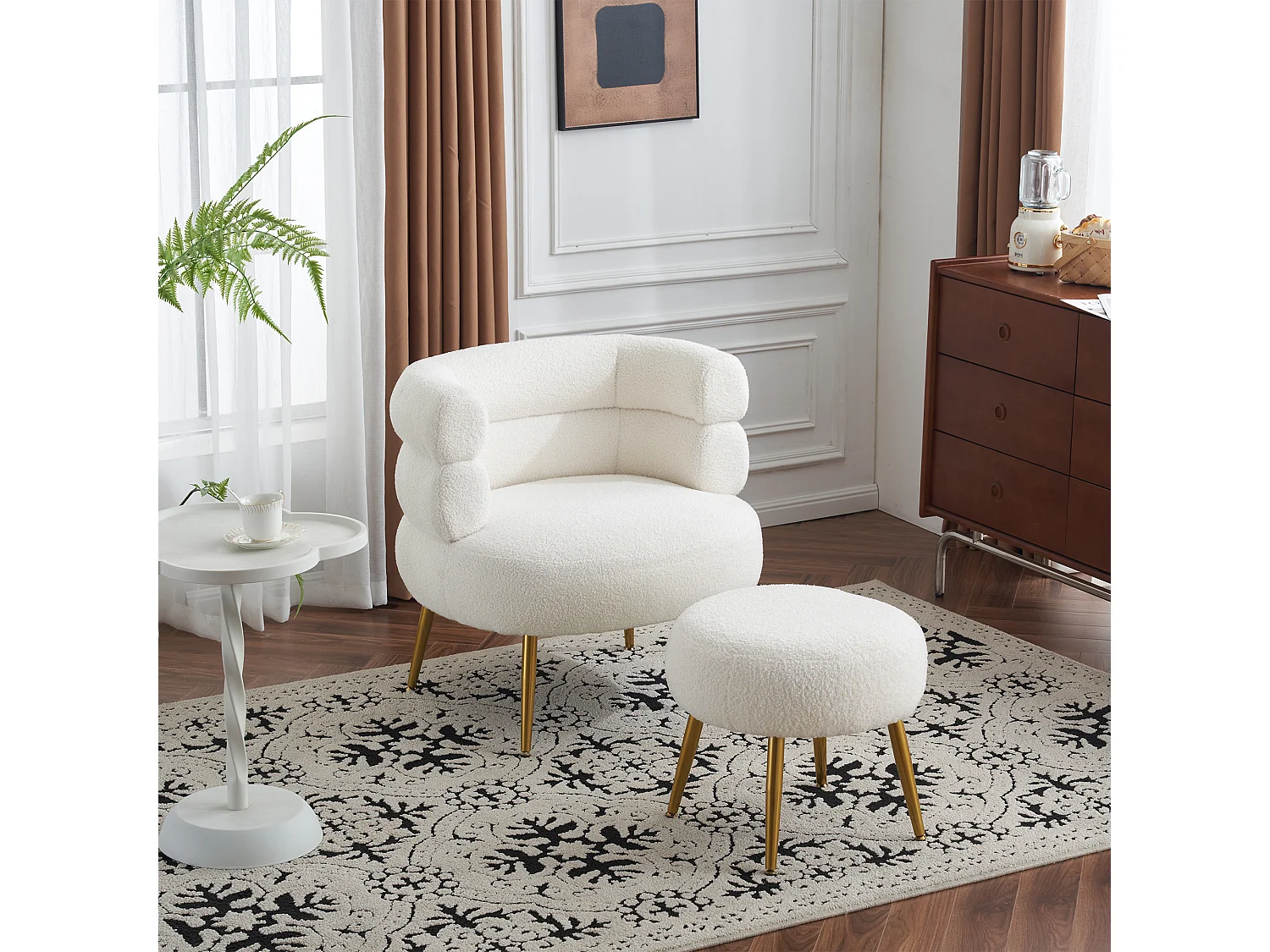 Chaise Longue Blanche avec Pouf, 69 cm Largeur de Siège, Coussin Épais de 17 cm, Repose-Pieds Réglable, 100 kg Charge Maximale