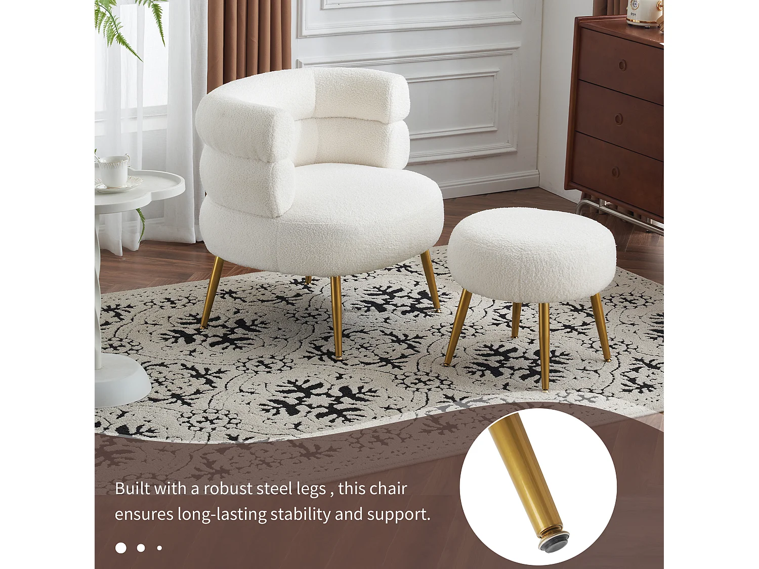 Chaise Longue Blanche avec Pouf, 69 cm Largeur de Siège, Coussin Épais de 17 cm, Repose-Pieds Réglable, 100 kg Charge Maximale