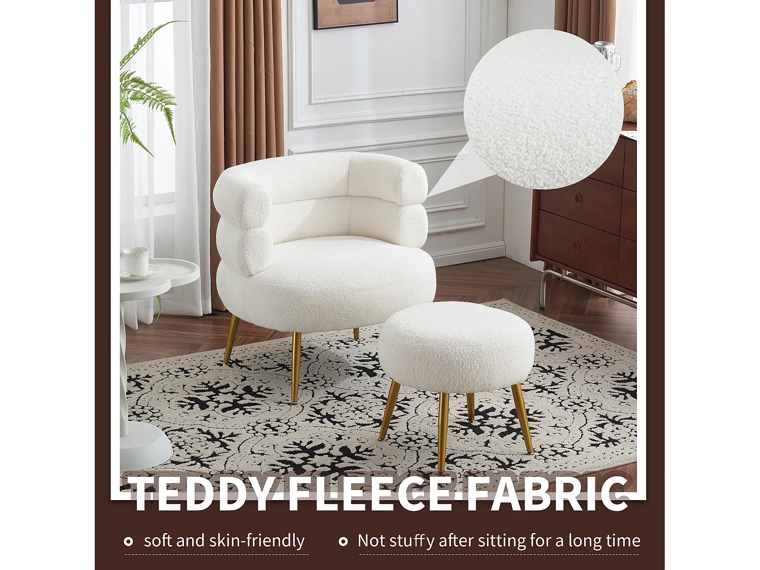 Chaise Longue Blanche avec Pouf, 69 cm Largeur de Siège, Coussin Épais de 17 cm, Repose-Pieds Réglable, 100 kg Charge Maximale