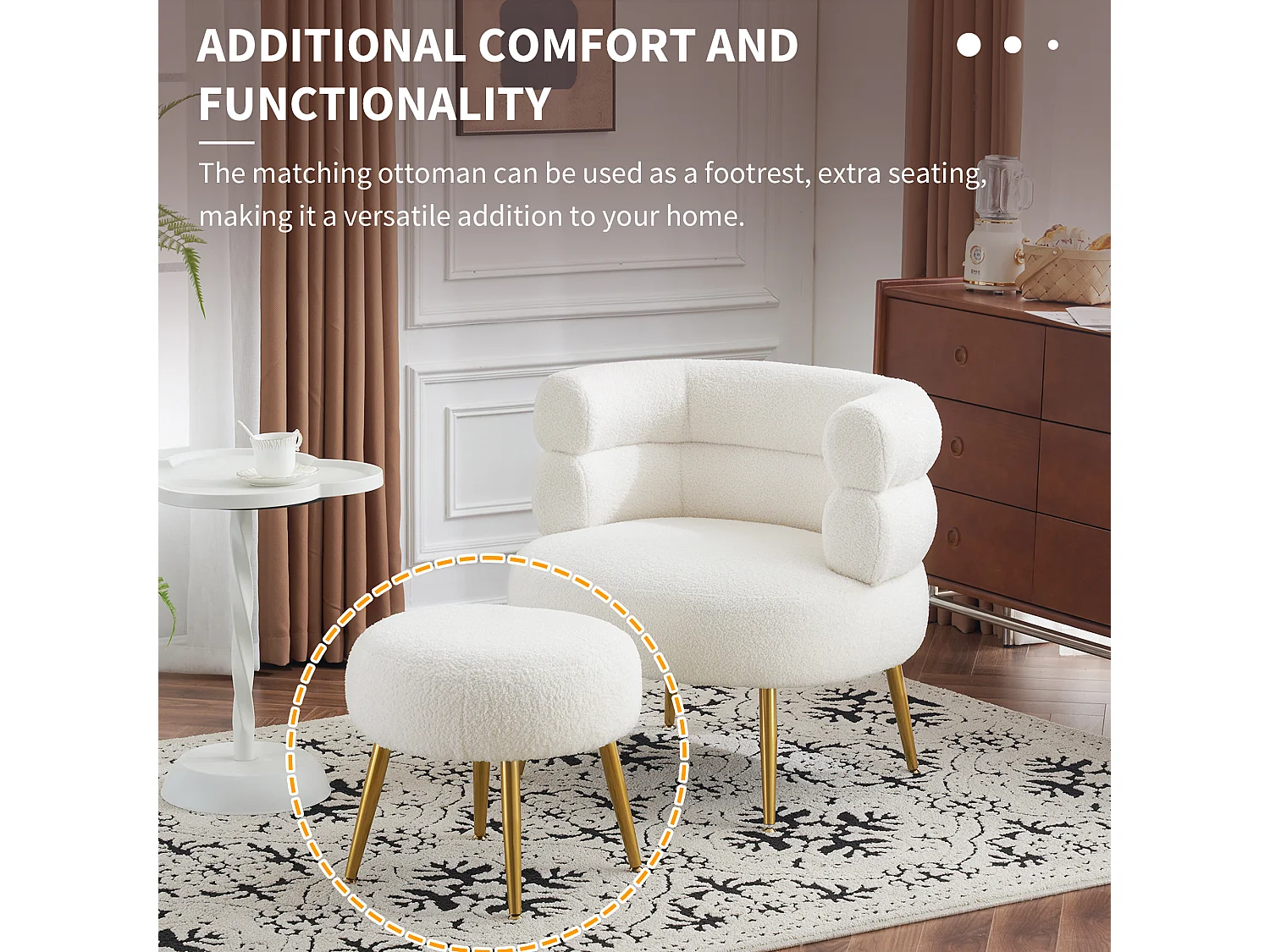Chaise Longue Blanche avec Pouf, 69 cm Largeur de Siège, Coussin Épais de 17 cm, Repose-Pieds Réglable, 100 kg Charge Maximale