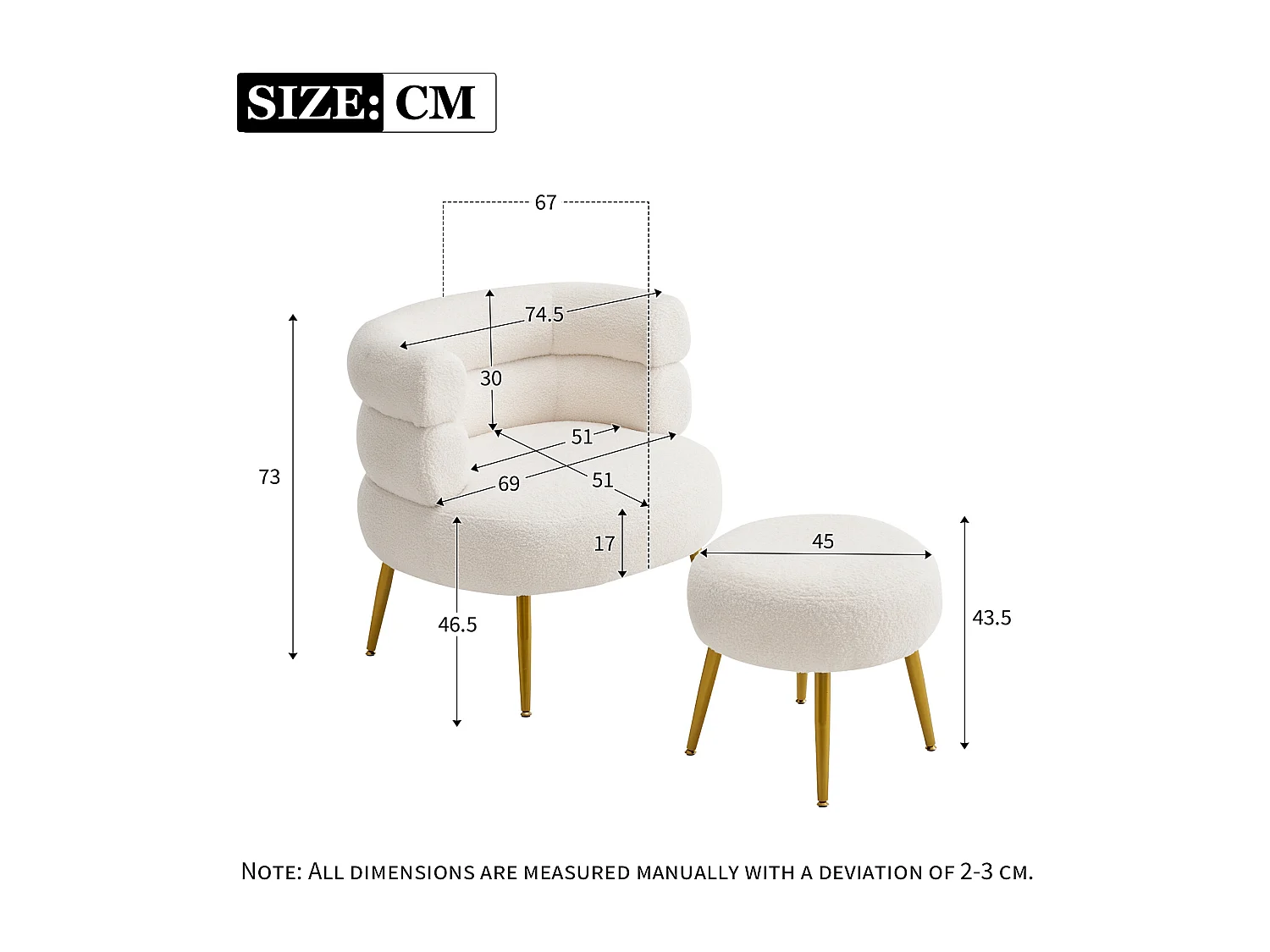 Chaise Longue Blanche avec Pouf, 69 cm Largeur de Siège, Coussin Épais de 17 cm, Repose-Pieds Réglable, 100 kg Charge Maximale