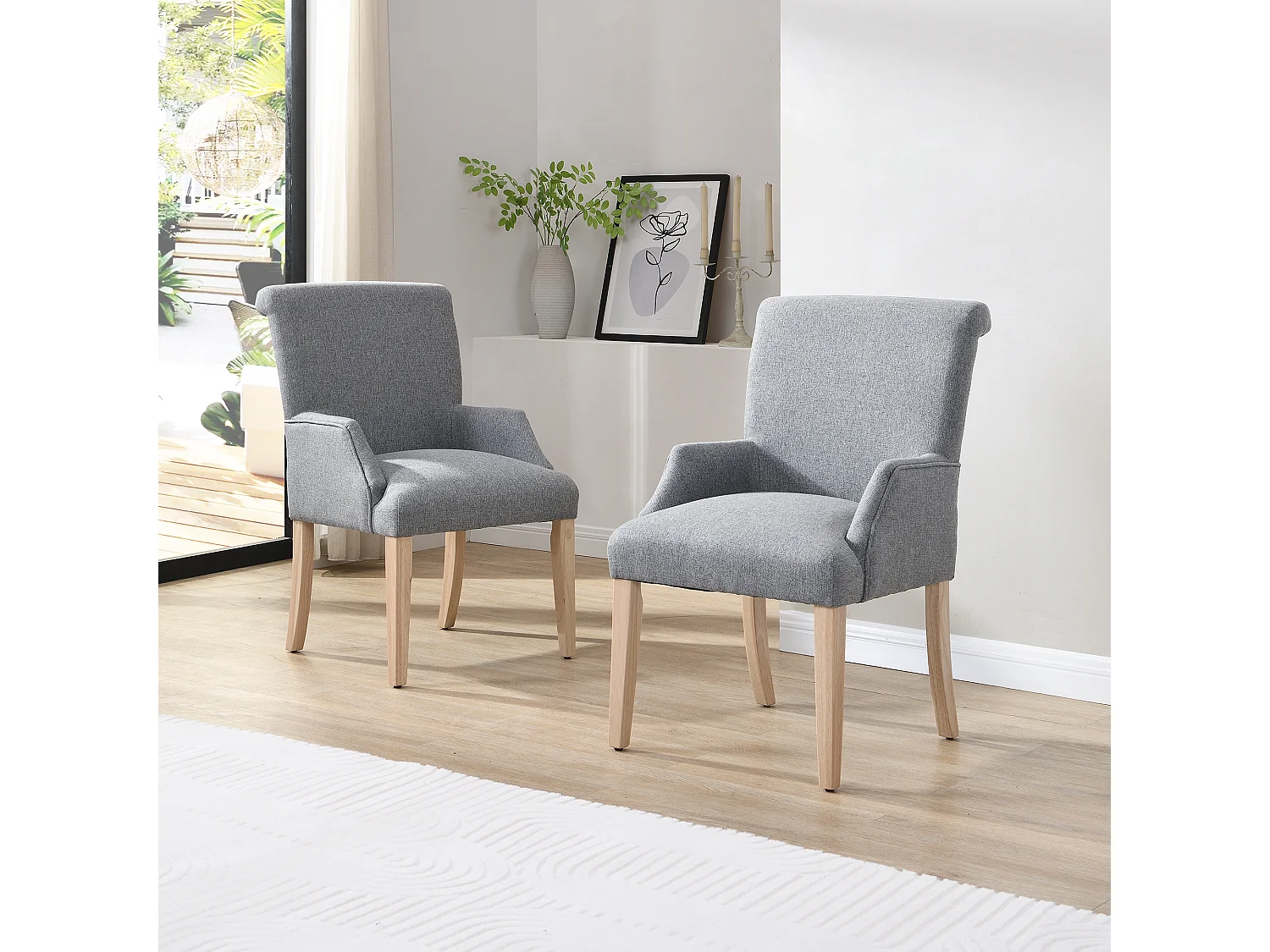 Lot de 2 Chaises de Salle à Manger en Lin avec Pieds en Bois Massif et Accoudoirs,Cuisine et Chambre avec Coussin Épais et Pieds Réglables (Gris)