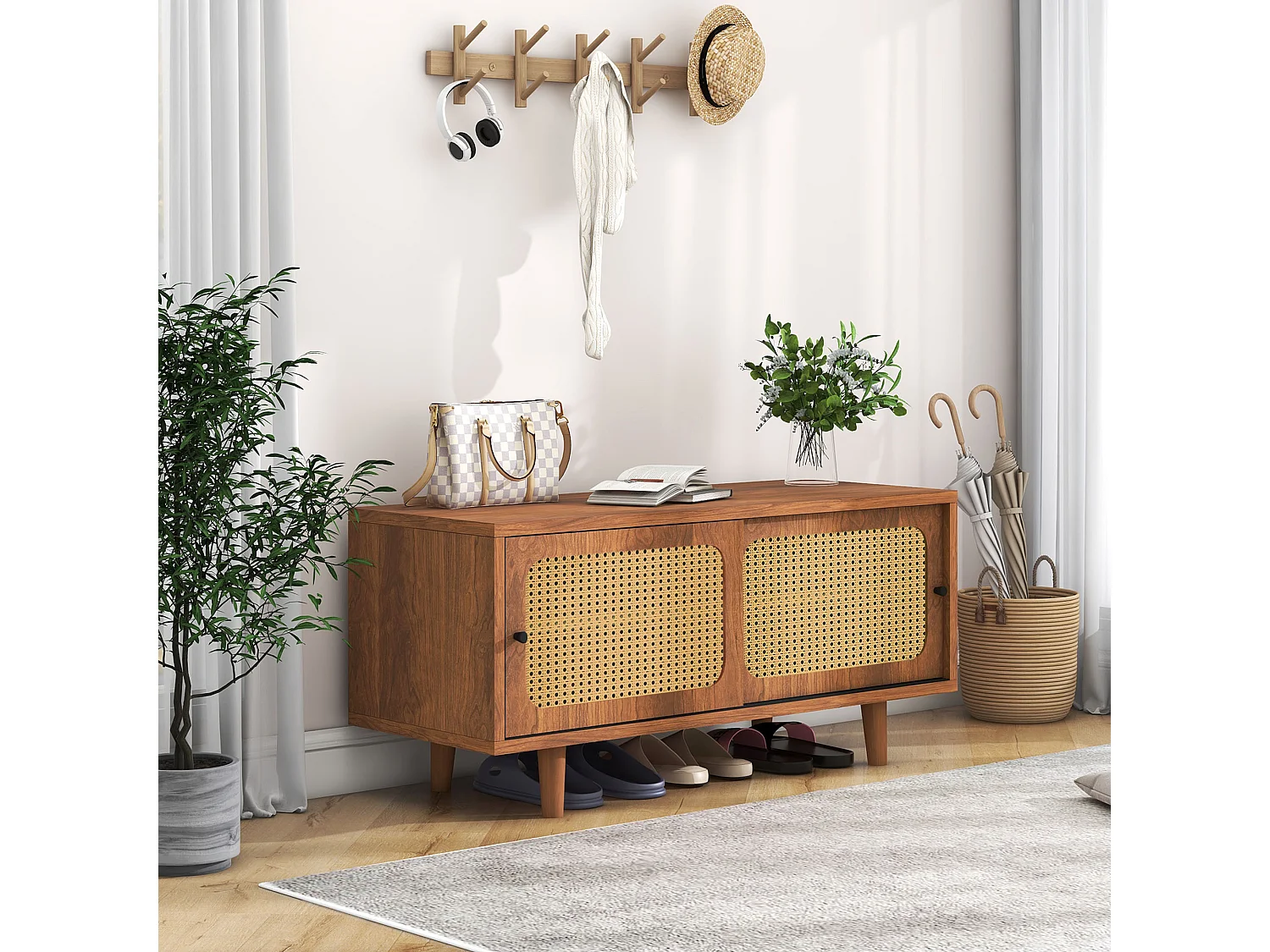 Meuble à chaussures en Rotin avec 2 portes et étagère réglable, couleur noyer – Rangement élégant pour couloir, salon et chambre, 104 x 40 x 48 cm