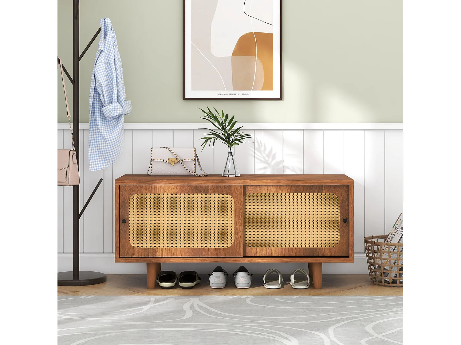 Meuble à chaussures en Rotin avec 2 portes et étagère réglable, couleur noyer – Rangement élégant pour couloir, salon et chambre, 104 x 40 x 48 cm
