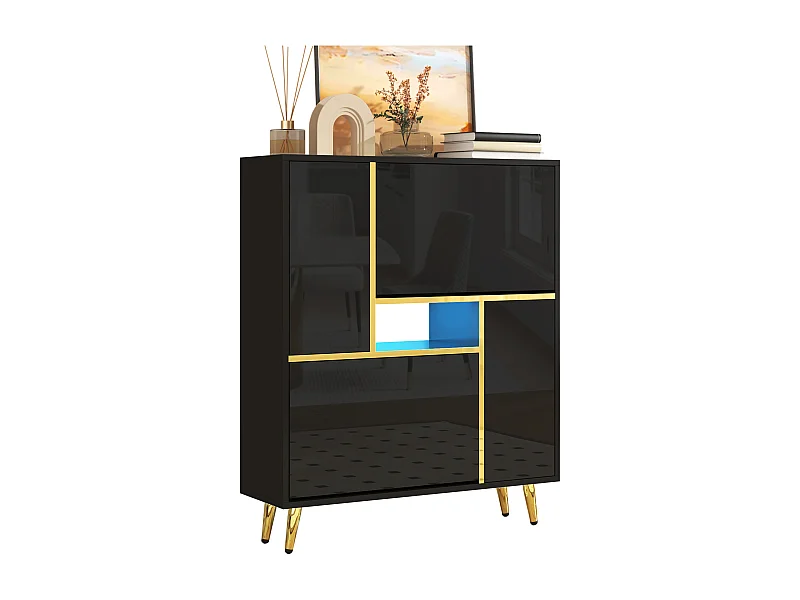 Armoire à Chaussures Moderne avec Lumière LED 16 Couleurs et Façade Haute Brillance, Noir, Design Élégant (80 x 25 x 96 cm)