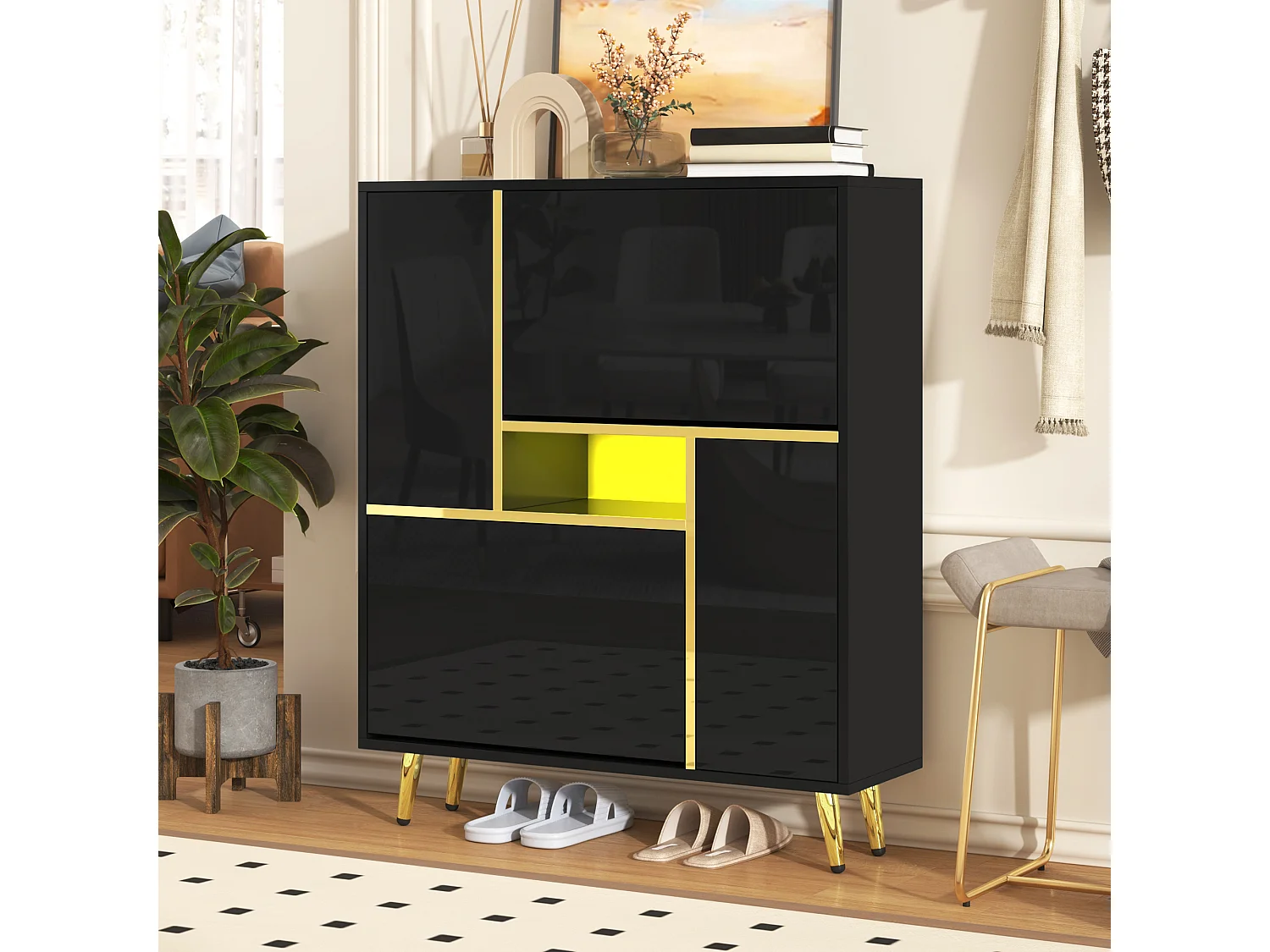 Armoire à Chaussures Moderne avec Lumière LED 16 Couleurs et Façade Haute Brillance, Noir, Design Élégant (80 x 25 x 96 cm)