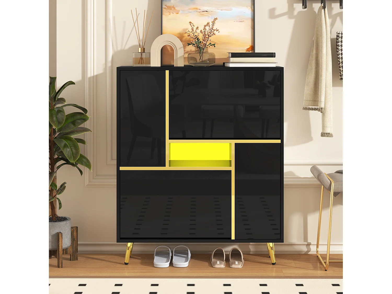 Armoire à Chaussures Moderne avec Lumière LED 16 Couleurs et Façade Haute Brillance, Noir, Design Élégant (80 x 25 x 96 cm)