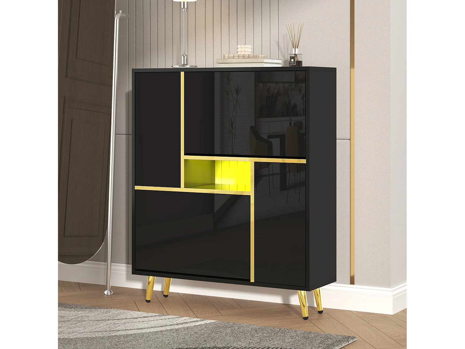 Armoire à Chaussures Moderne avec Lumière LED 16 Couleurs et Façade Haute Brillance, Noir, Design Élégant (80 x 25 x 96 cm)