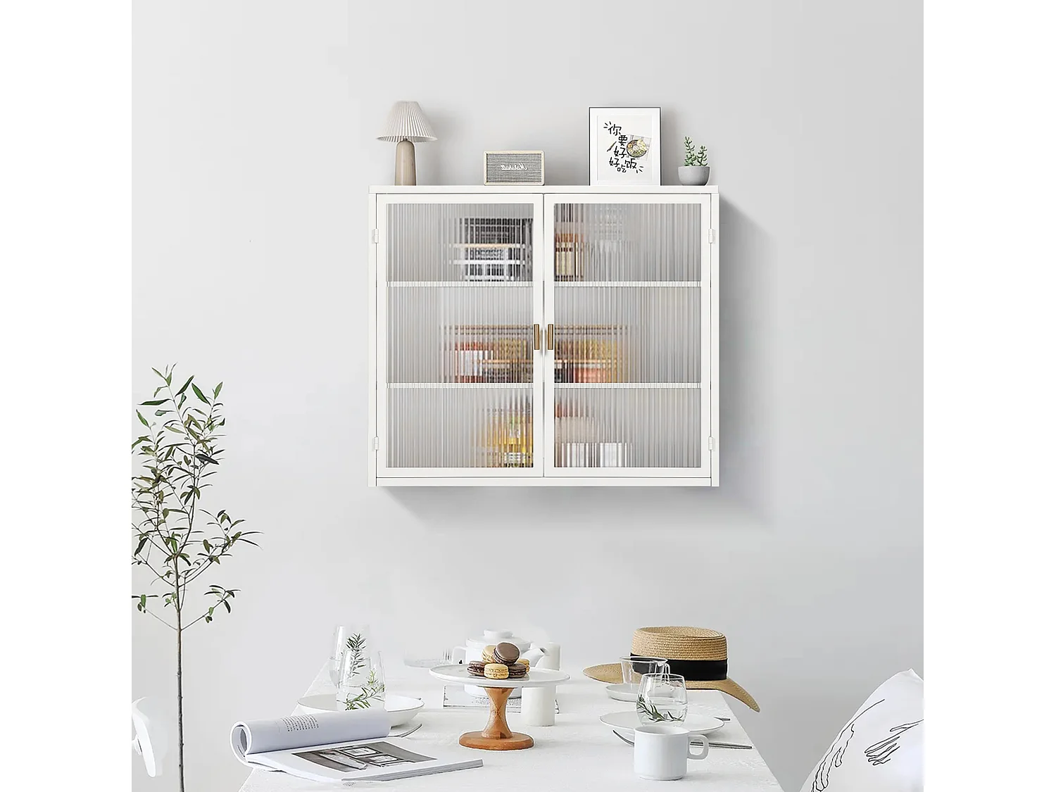 Armoire Murale Moderne à Deux Portes avec Verre Trempé et Rangement à Trois Niveaux, pour Salon, Entrée, Salle de Bain et Salle à Manger (70cm, Blanc)