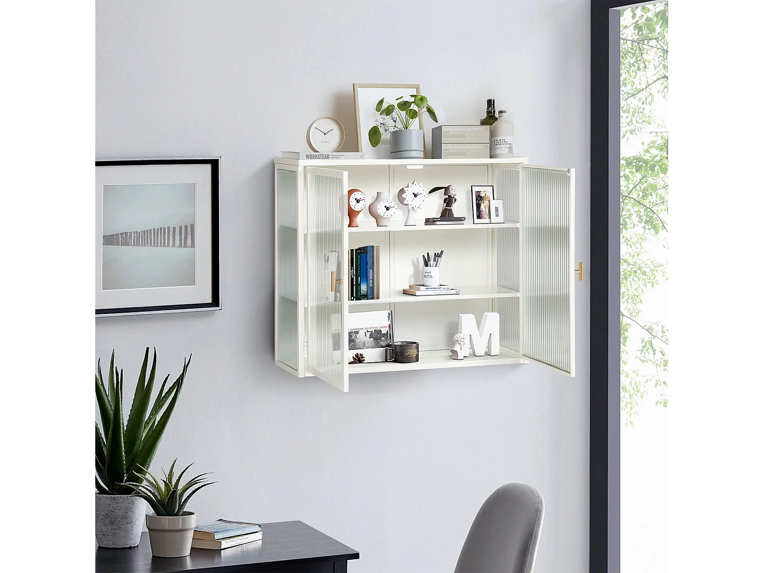 Armoire Murale Moderne à Deux Portes avec Verre Trempé et Rangement à Trois Niveaux, pour Salon, Entrée, Salle de Bain et Salle à Manger (70cm, Blanc)