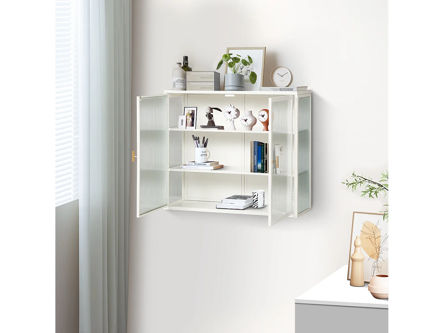 Armoire Murale Moderne à Deux Portes avec Verre Trempé et Rangement à Trois Niveaux, pour Salon, Entrée, Salle de Bain et Salle à Manger (70cm, Blanc)