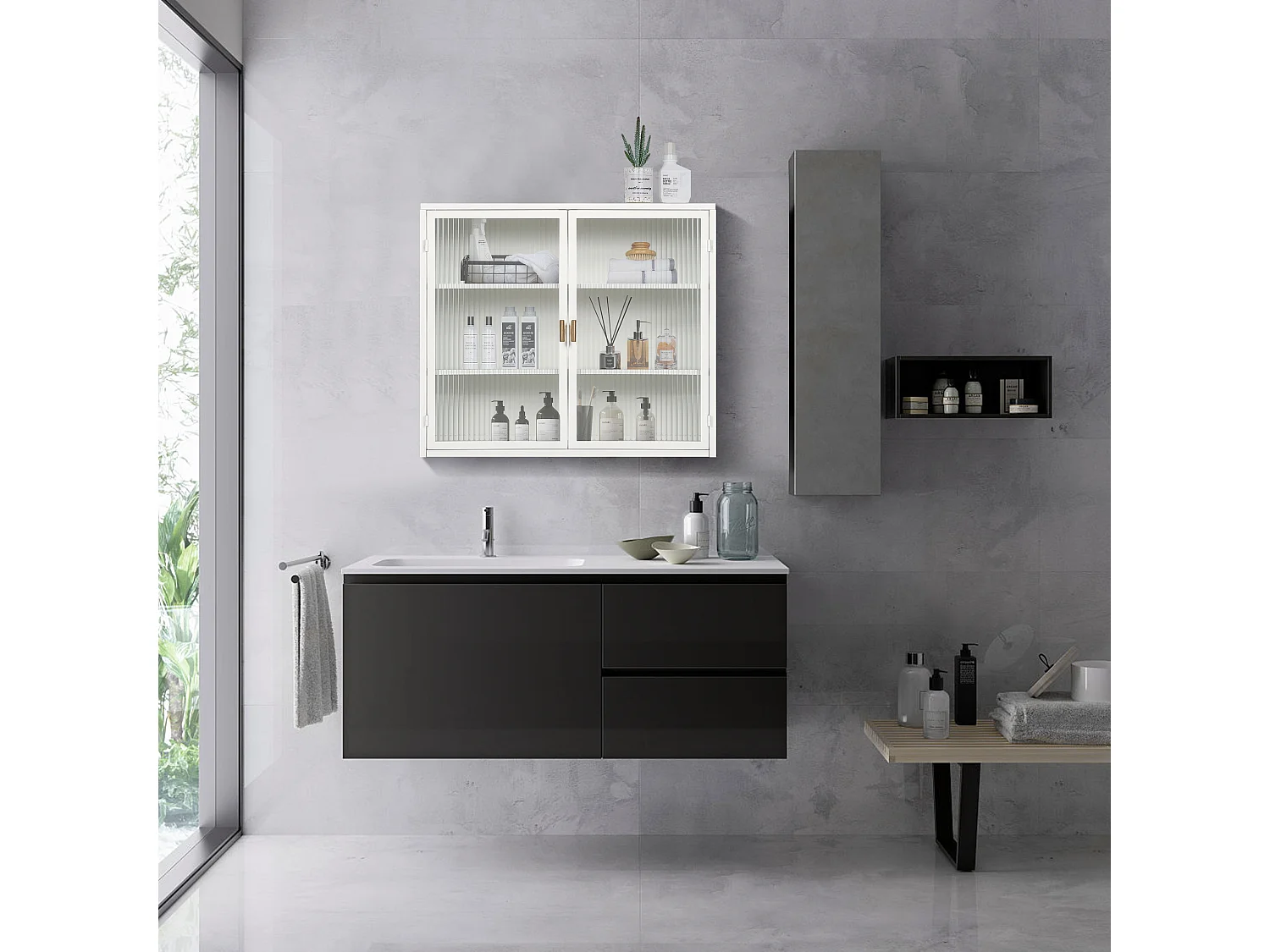 Armoire Murale Moderne à Deux Portes avec Verre Trempé et Rangement à Trois Niveaux, pour Salon, Entrée, Salle de Bain et Salle à Manger (70cm, Blanc)