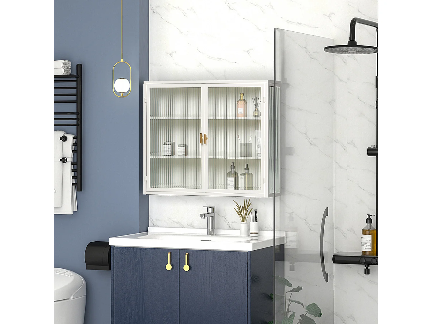 Armoire Murale Moderne à Deux Portes avec Verre Trempé et Rangement à Trois Niveaux, pour Salon, Entrée, Salle de Bain et Salle à Manger (70cm, Blanc)