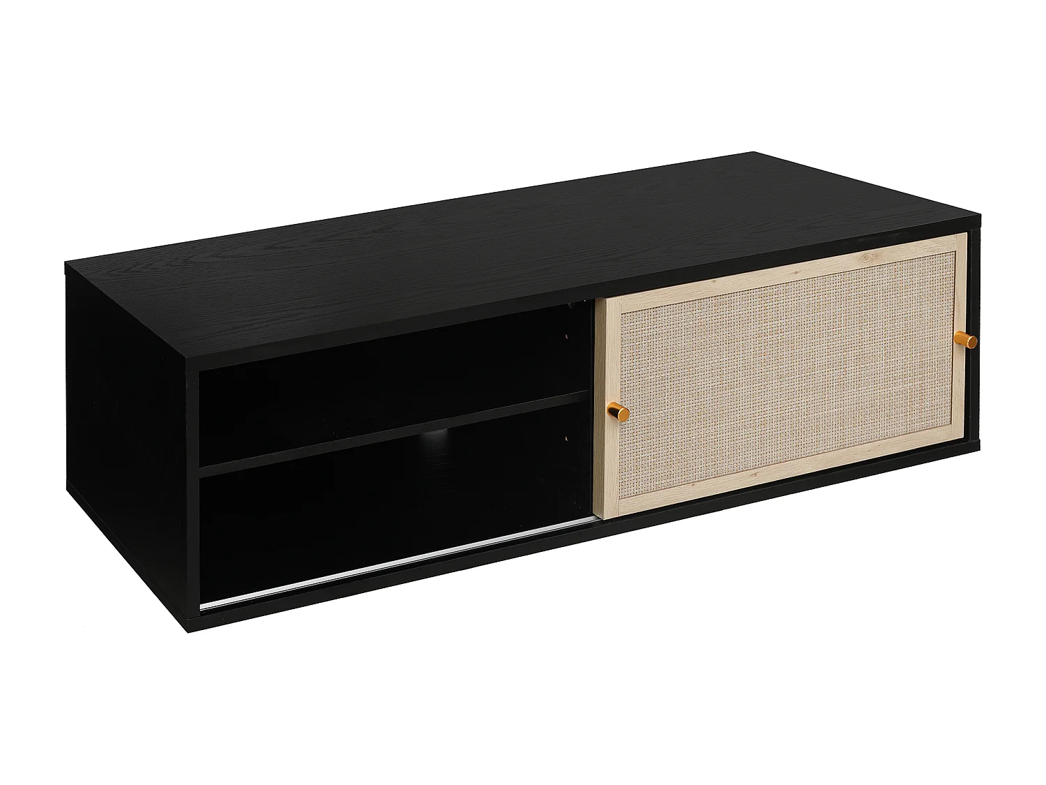 Armoire murale noire avec portes coulissantes à gauche et à droite, en rotin tressé, 110 cm de long, idéale pour chambre, bureau, salon