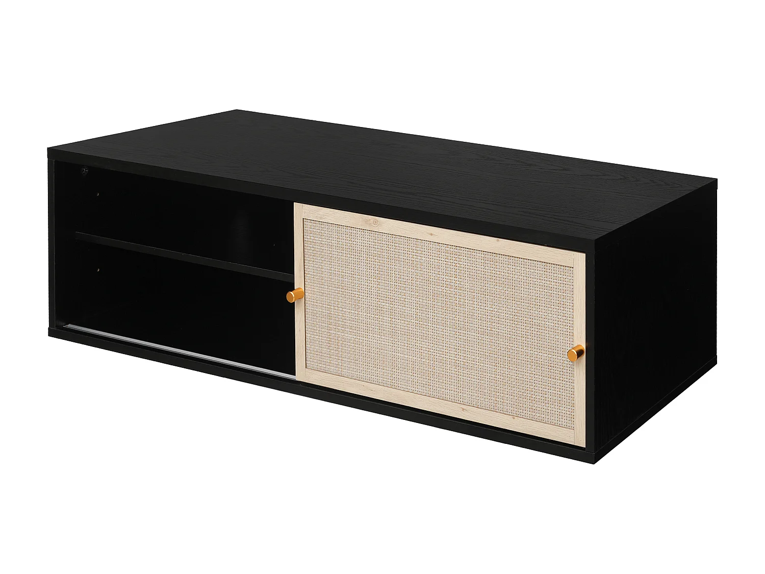 Armoire murale noire avec portes coulissantes à gauche et à droite, en rotin tressé, 110 cm de long, idéale pour chambre, bureau, salon