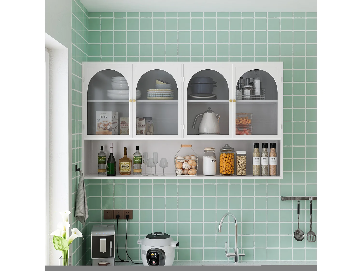 Haobosic - Meuble mural à quatre portes en verre, 120 cm, avec étagères, pour cuisine, salon, salle de bain (blanc)