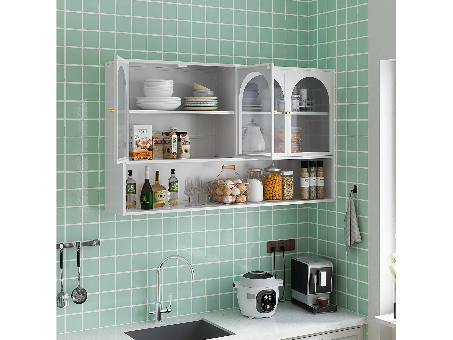 Haobosic - Meuble mural à quatre portes en verre, 120 cm, avec étagères, pour cuisine, salon, salle de bain (blanc)