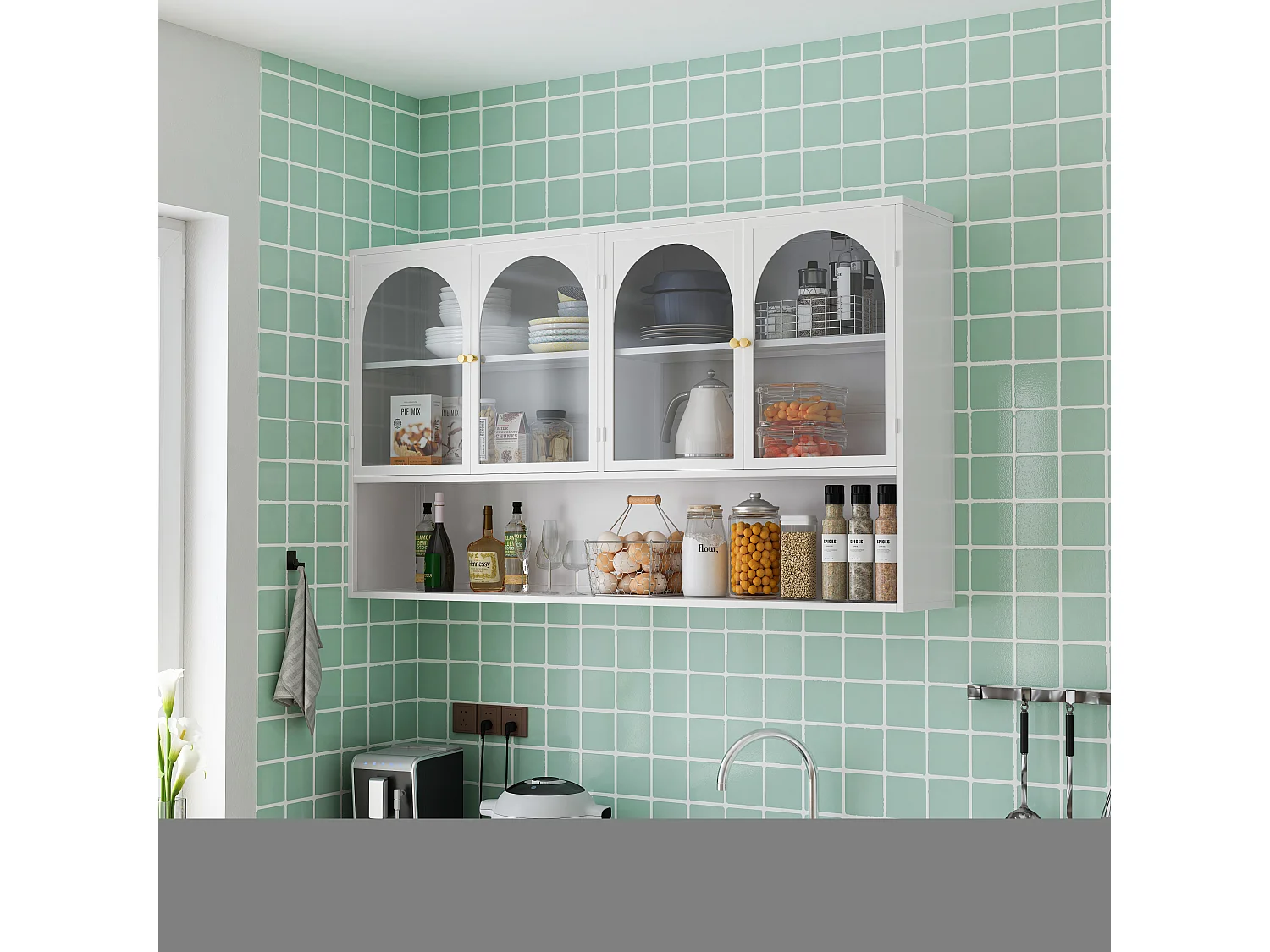 Haobosic - Meuble mural à quatre portes en verre, 120 cm, avec étagères, pour cuisine, salon, salle de bain (blanc)