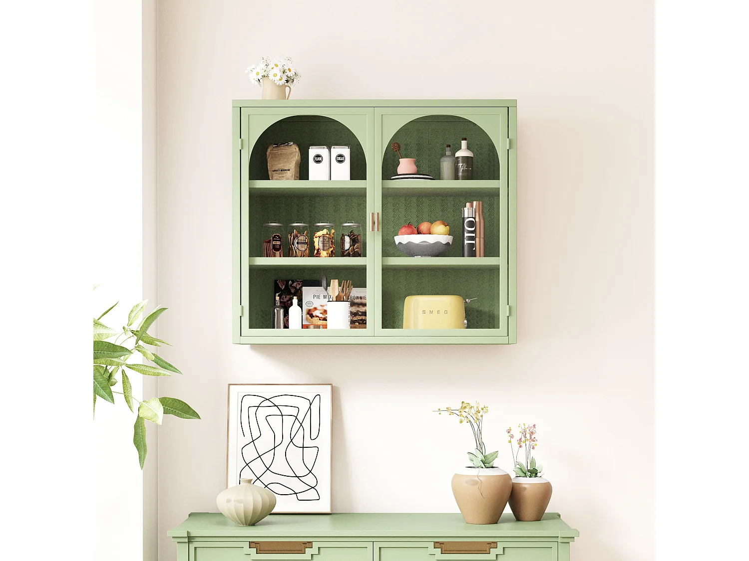 Haobosic - Meuble mural moderne avec portes en verre, 70 cm, 2 portes et 3 étagères, motif tissé, pour entrée, salon, salle de bain,couleur verte